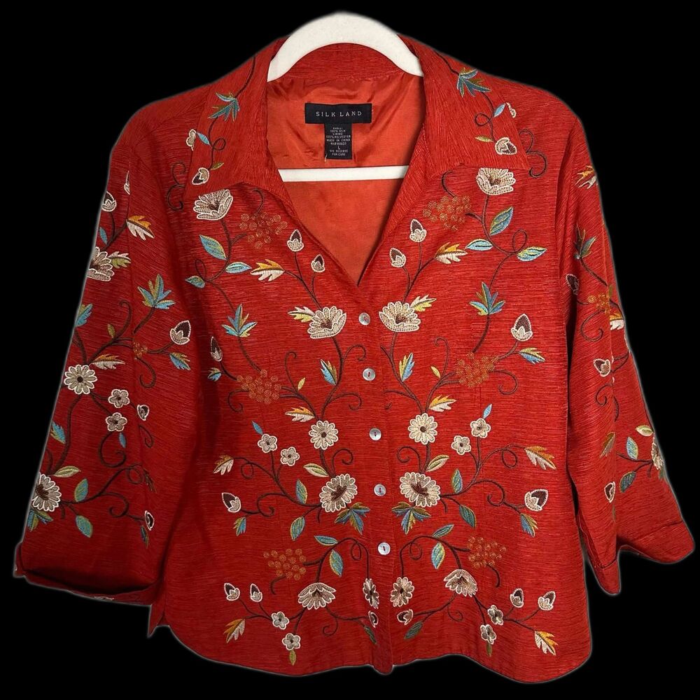 Silkland Vintage 100% Silk Embroidered Floral Jacket Burnt Orange Terracotta L